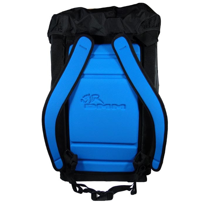 DMM Porter 70 backpack with blue padded back panel and black shoulder straps with DMM logo on the back panel
