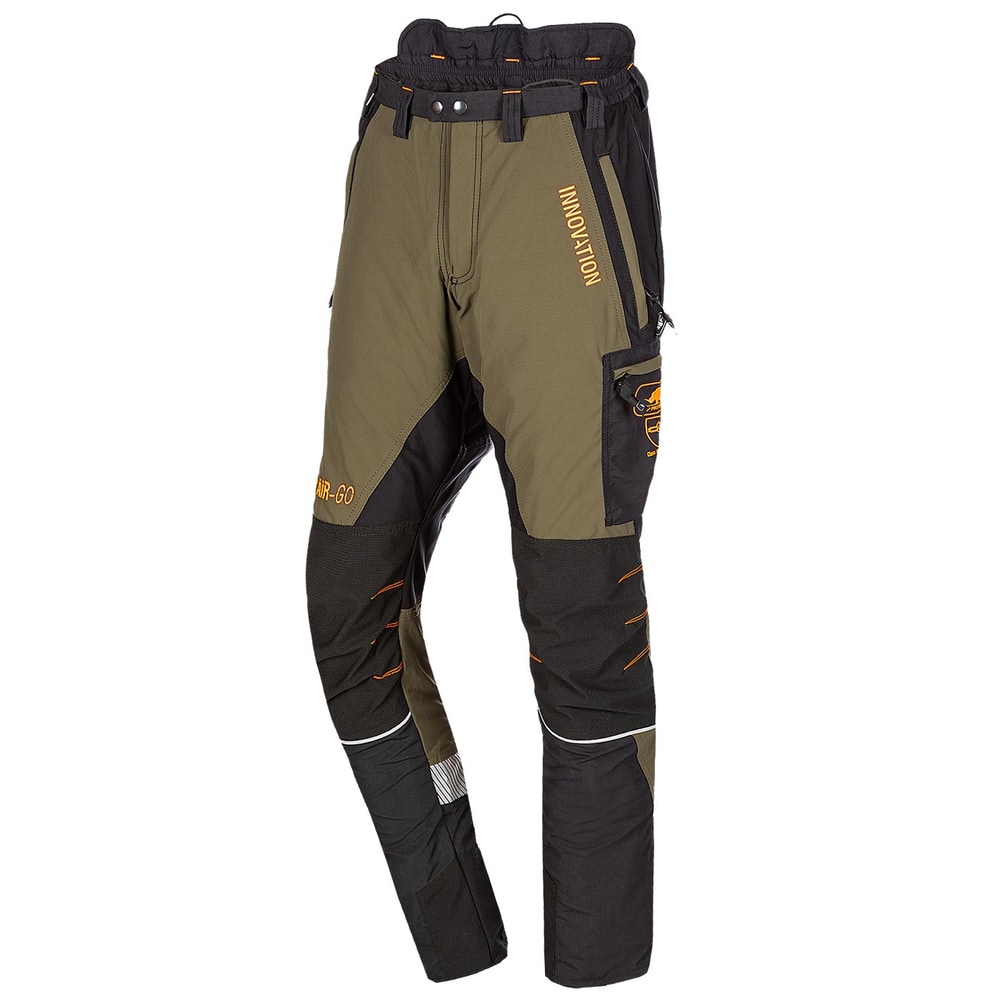Canopy AIR-GO work trousers in olive green and black with orange details and lettering INNOVATION