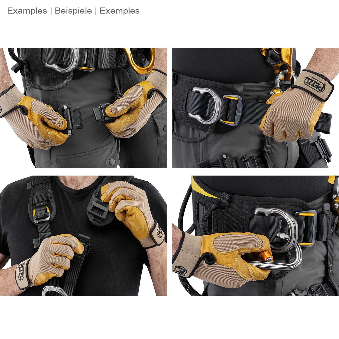 Astro Bod Fast harness by Petzl in close-up with a person operating various fasteners and buckles of the harness with gloves