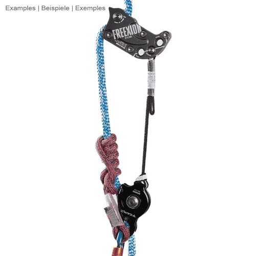 Freexion System Sphinx by CMP, mounted on a blue rope with pink-black rope and knot, the black climbing frame is visibly attached with white lettering and a black ribbon with loop