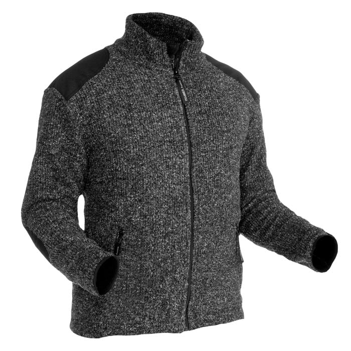 Grizzly Jacket Gray cardigan with black trim on shoulders and elbows and zipper