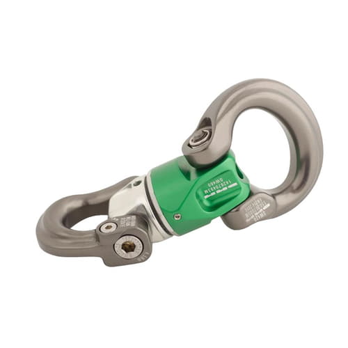 Mini-Swivel Nexus 1, a swivel snap hook with green middle section and silver hooks, photographed sideways on a white background