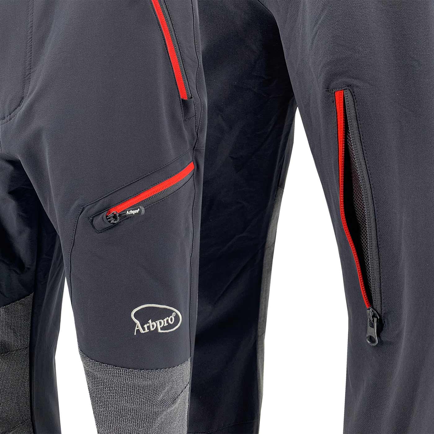 Close-up of Arbpro's black Climb Tech Delta pants with red zippers and Arbpro logo on the leg