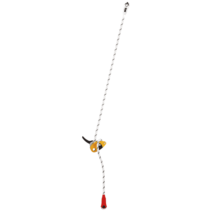 Grillon by Petzl, yellow rope clamp on white rope with red rope end