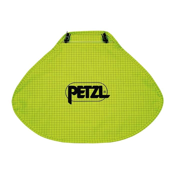 Petzl neck brace in light green with black check pattern and black Petzl logo in the middle