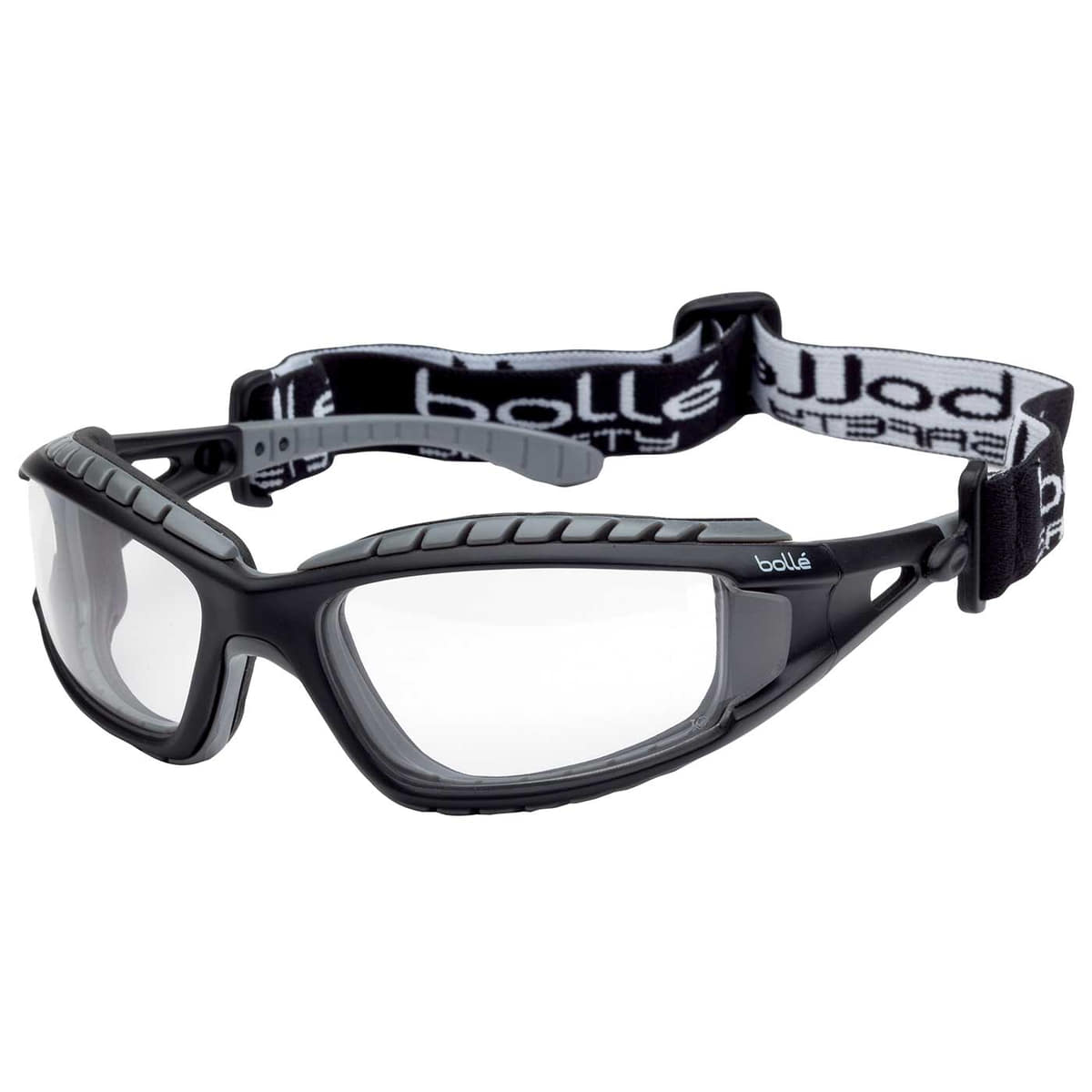 Tracker II by Bollé, black goggles with clear lens and adjustable black and white elastic band with bollé print
