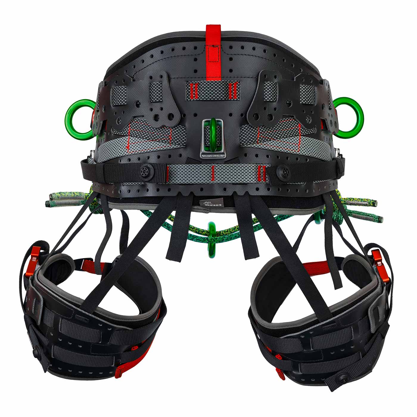 Kinisi Pro climbing harness with black padded waist belt, green metal rings and red buckles, rear view