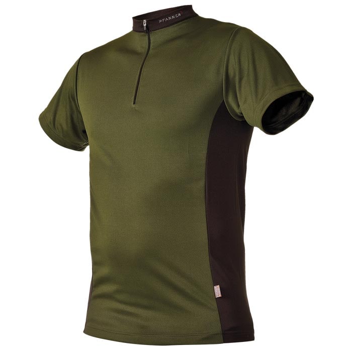 Zip-neck shirt in olive green with black insert on the sides, short zipper and manufacturer's name Pfanner on the collar