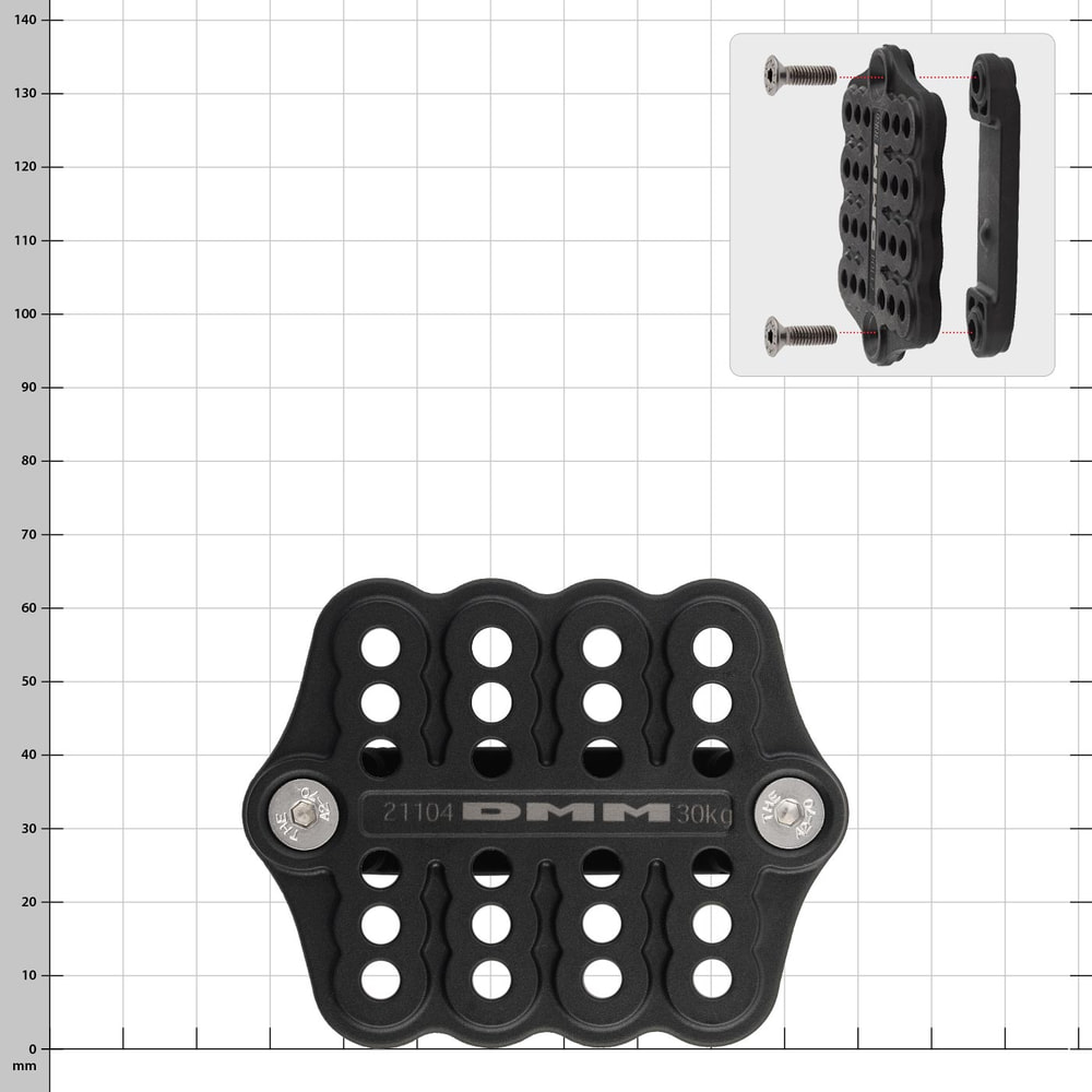 DMM Parking Lot, black plate with several round holes and two screws on the sides, on the plate it says "21104 DMM 30kg"