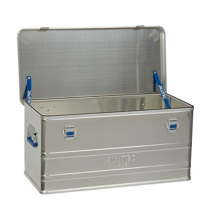 Alubox Comfort 92, open silver aluminium box with blue retaining straps and handles, manufacturer ALUTEC