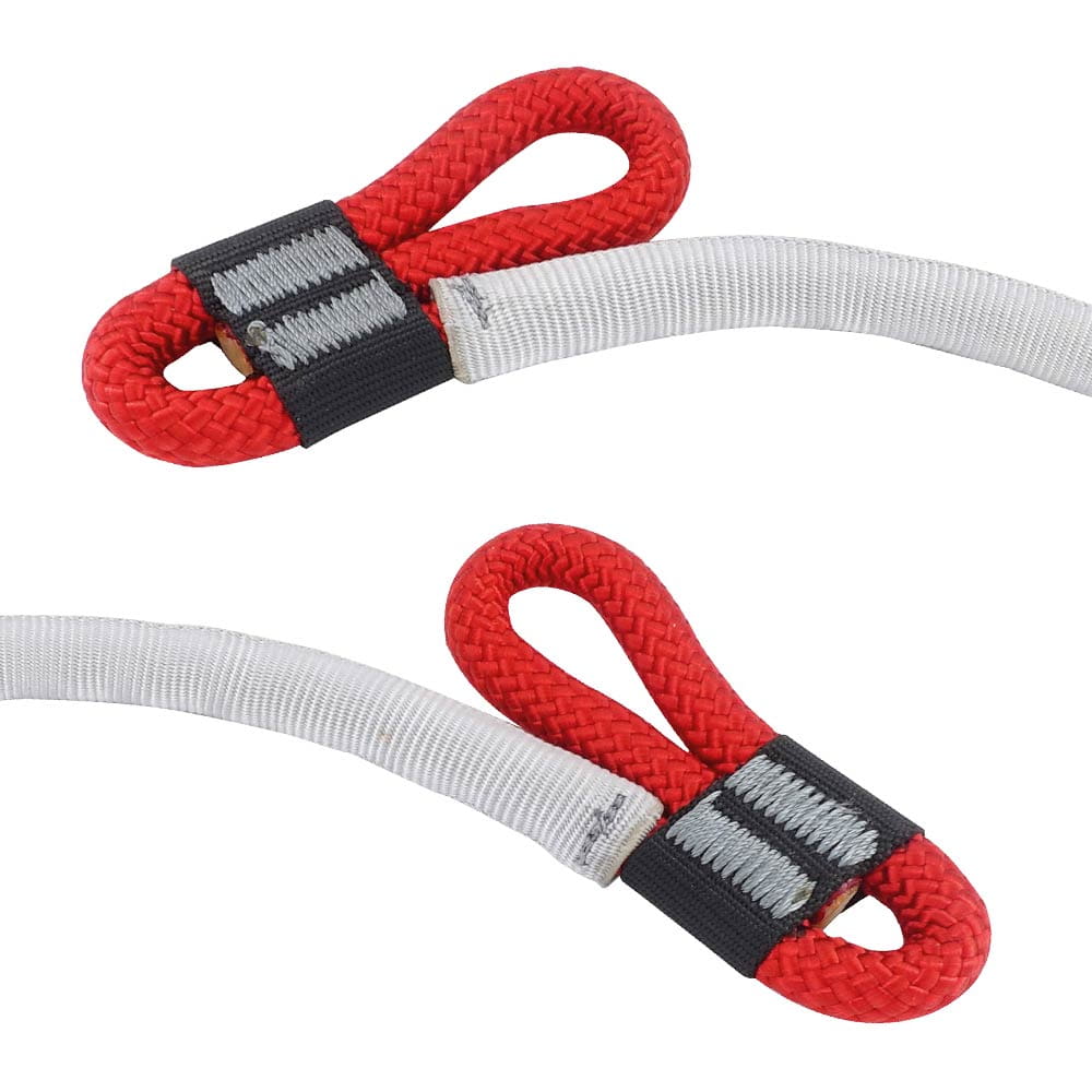 Close-up of a red loop with black and gray reinforcement at the end of a gray rope, product name Tree Access Bridge Loop visible