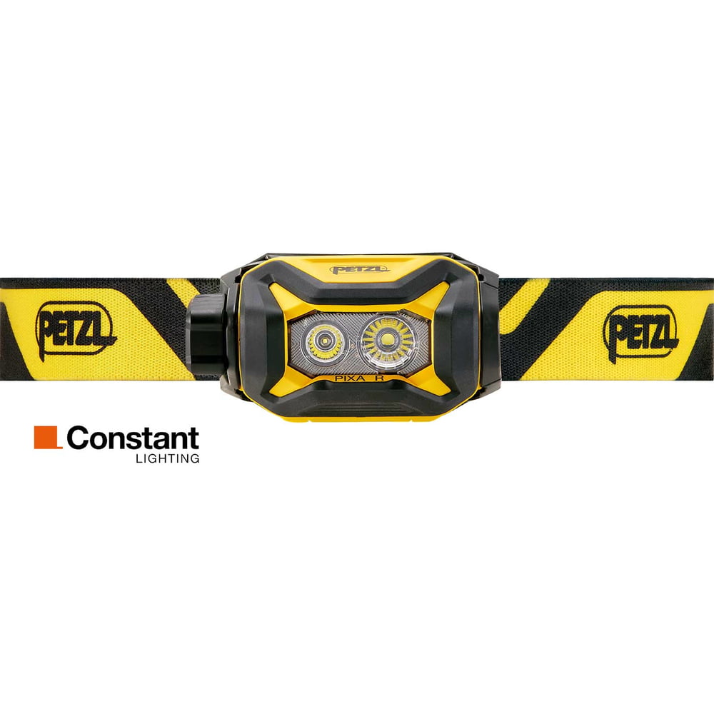 Petzl Pixa R headlamp with yellow and black headband, frontal with two luminous lenses and Petzl logo on the strap