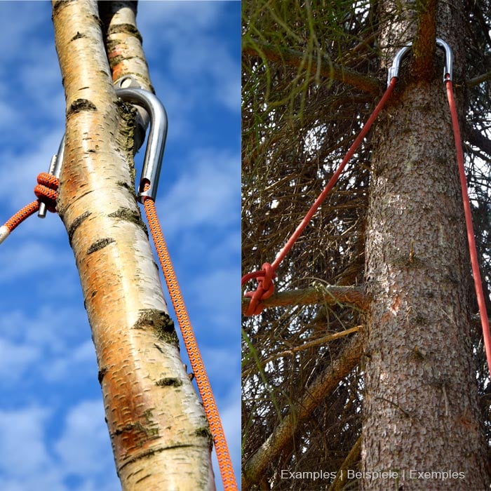 Two photos shown side by side with Approach metal grappling hook attached to tree trunks with orange rope, blue sky in the background