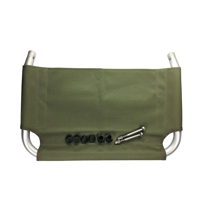 Beach Rolly Loading Bracket with green fabric and metal frame, plus screws and black plastic parts