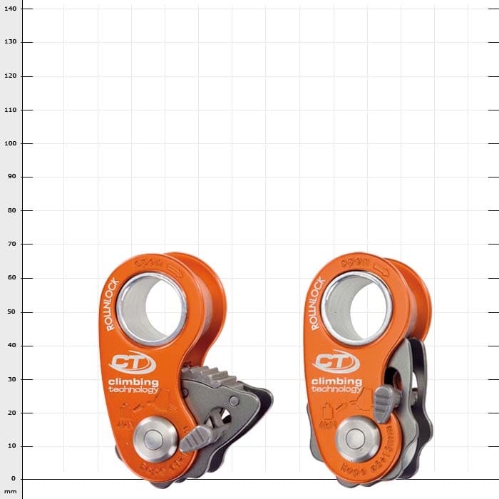 Two orange RollnLock rope clamps from Climbing Technology, one visible from the front and one from the back