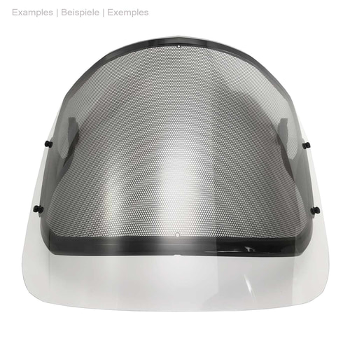 PROTOS® Visor Clip-On Clear, transparent visor with black frame and fine-meshed protective grille, front view