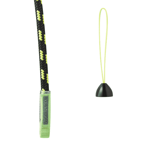 Close-up of a green end of a black and yellow rope next to a small black cap with yellow ribbon of the Adjustable Cambium Saver