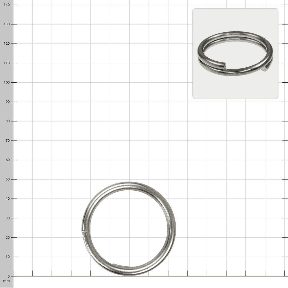 Spring ring 40 mm, silver metal ring with a spiral opening, on a white checkered background