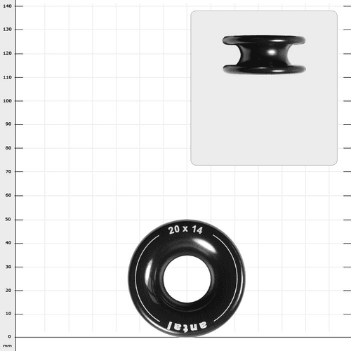 black plastic ring with white inscription "antai 20 x 14", view from above and to the side