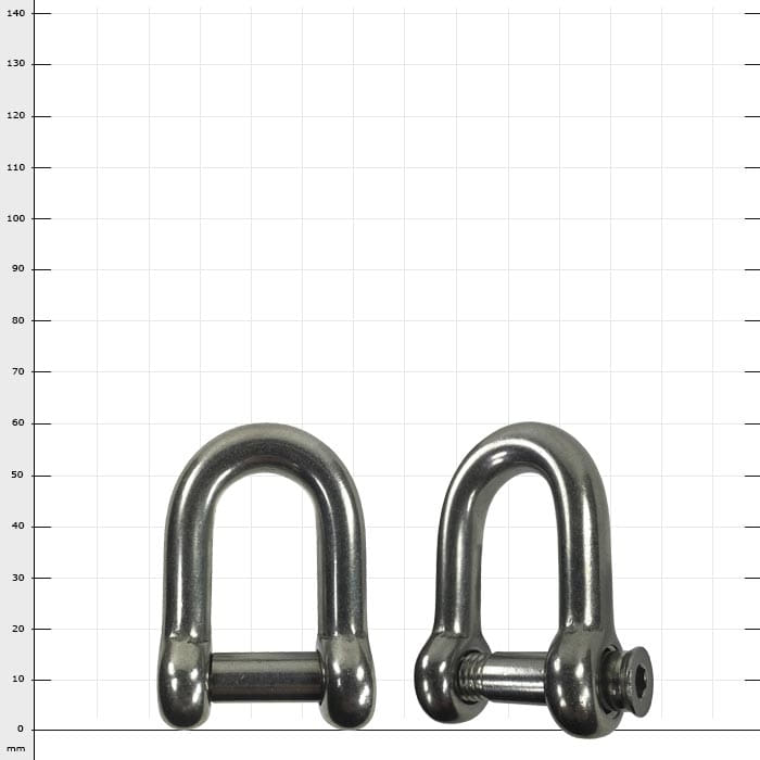 Stainless steel shackle, two silver metal brackets next to each other, one with screw cap, the other without visible closure