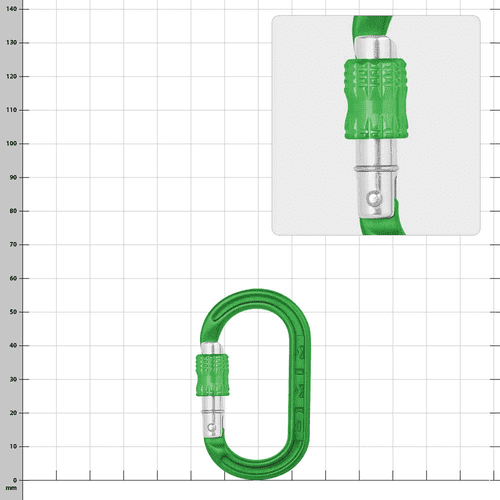 XSRE Lock, manufacturer not visible, green carabiner with green clasp, close-up of the clasp at the top right