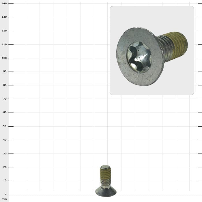Distel countersunk head Torx M8x20 screw with countersunk head and Torx drive, manufacturer Distel, size M8x20, shown in front of a checkered background with an enlarged view of the screw head at the top right
