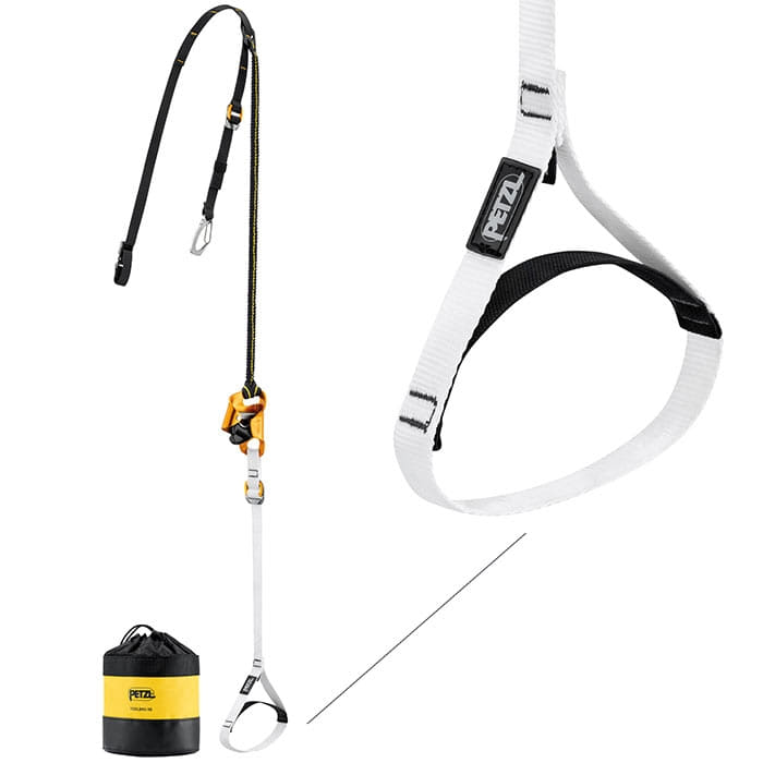 Knee Ascent Loop by Petzl, a climbing device with white loop strap, black webbing, yellow ascent aid and black bag with yellow stripe and Petzl logo
