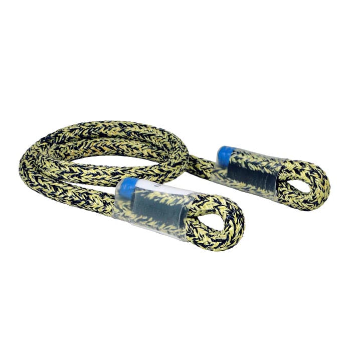 Split-Tail XS 9.1, a braided rope in yellow and black with loop ends reinforced with transparent plastic.