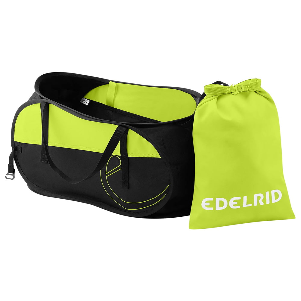Spring Bag 30 by Edelrid in black and neon yellow with two handles and a small bag in neon yellow with white Edelrid logo