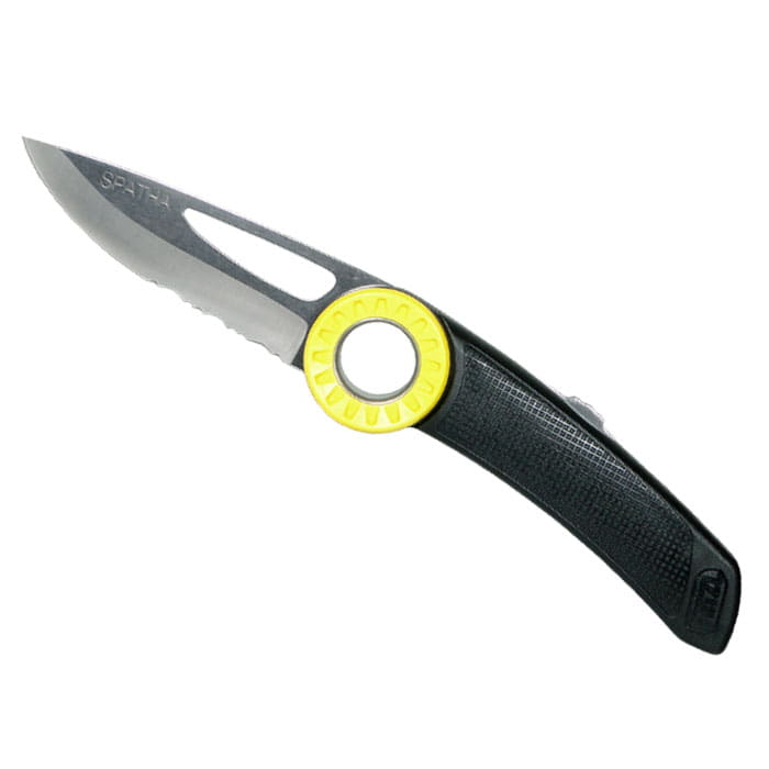 Petzl Spatha folding knife with black handle, yellow ring and partially serrated blade, blade inscription "SPATHA"