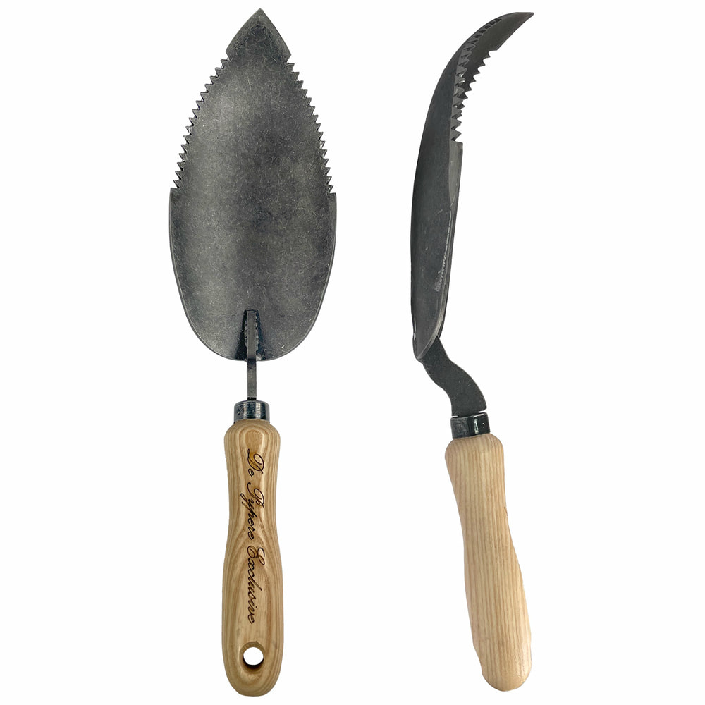 Root Ranger Garden Shovel with Serrated Metal Blade and Wooden Handle with De Hyppee Exclusive Lettering, Front and Side View