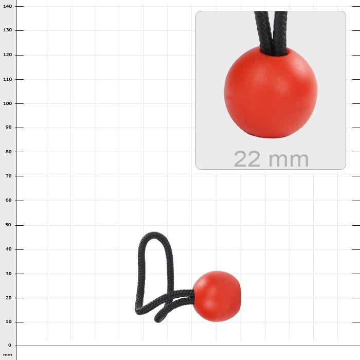 Red ball with black string against a white background, detail view shows diameter of 22 mm