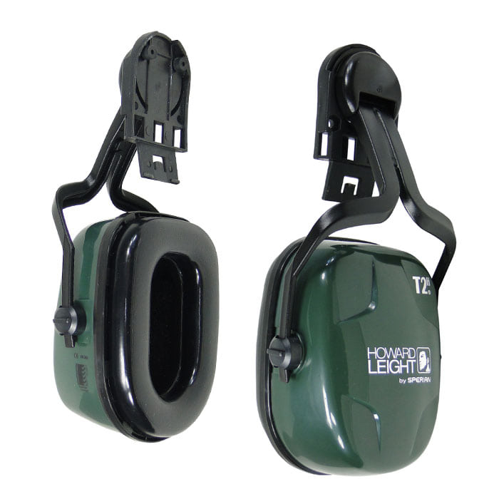 Thunder hearing protection by Howard Leight by Sperian, green with black headband and ear pads, two views side by side