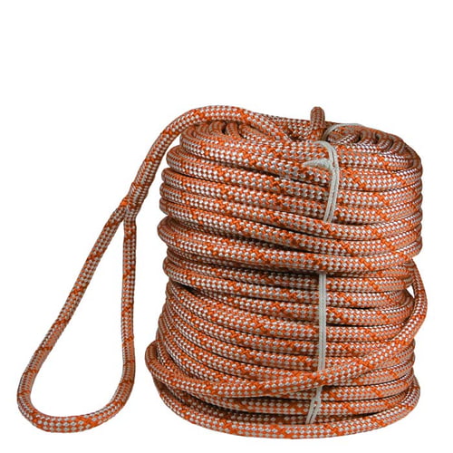 Sirius Bull Rope 14 S, orange-white braided rope, coiled with loop at the end, side view
