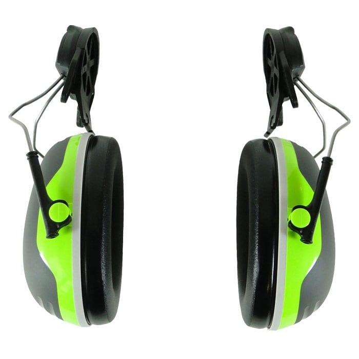 Hearing protection X4 Plug by 3M Peltor in grey and green, with black temple and padding, side view