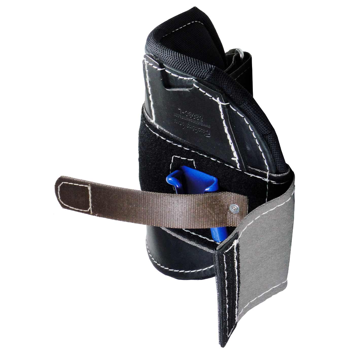 Big Buck Wrap Pads Steel, crampon pads, grey and black pads with Velcro, blue plastic clip and brown strap, photographed from the side with Velcro open