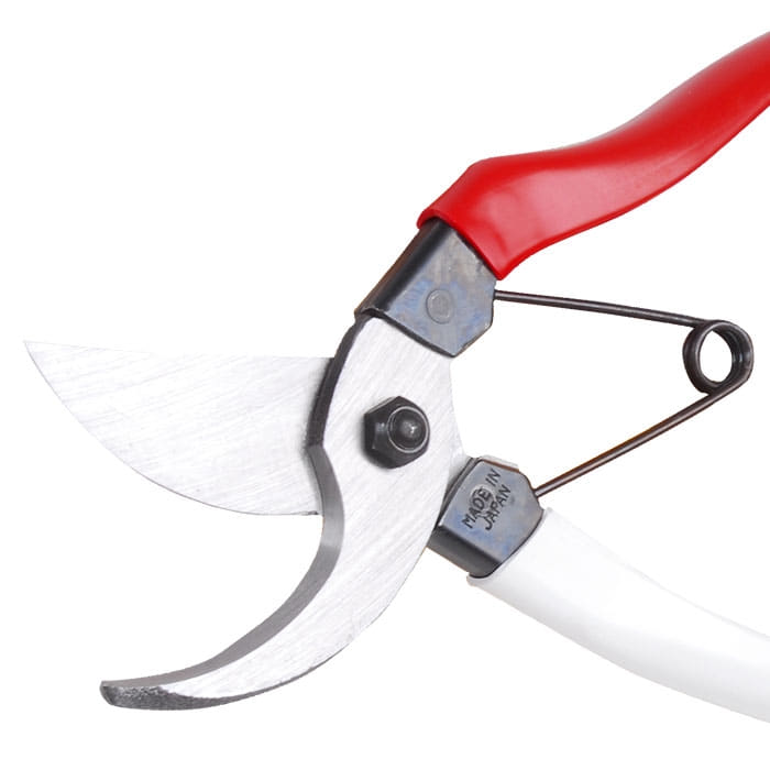 Okatsune 18 Pruning Shears with Red and White Handle, Close-up of Blade with "Made in Japan" Engraving