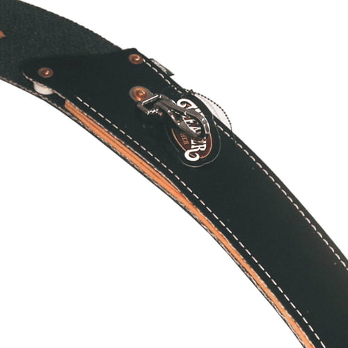 Close-up of black leather sheath with white stitching and metal clasp, product name Scabbard Curved visible