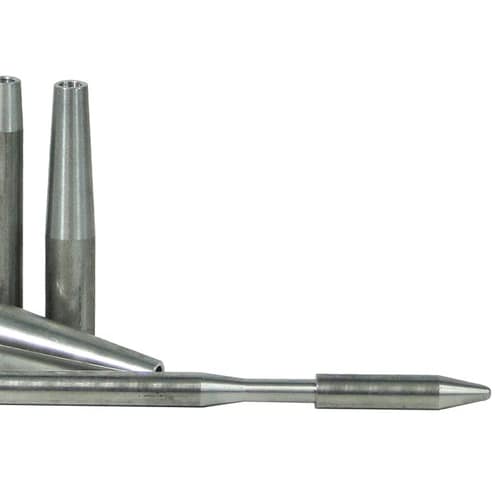 Close-up of the Rope Fid Universal, showing the pointed and cylindrical shape of the metal parts as well as the smooth surface of the long metal rod with threaded end
