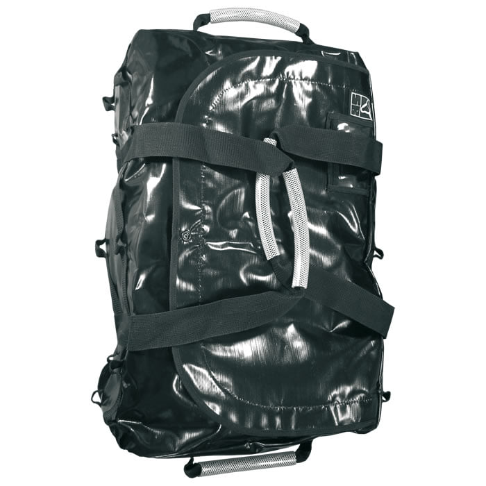 Multiuse bag in black with several black straps and two white handles