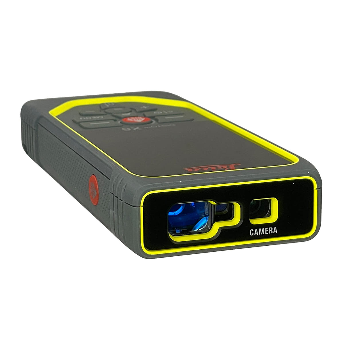 Leica Disto X6 laser rangefinder from above with visible camera and laser aperture, grey housing with yellow border, manufacturer Leica Geosystems