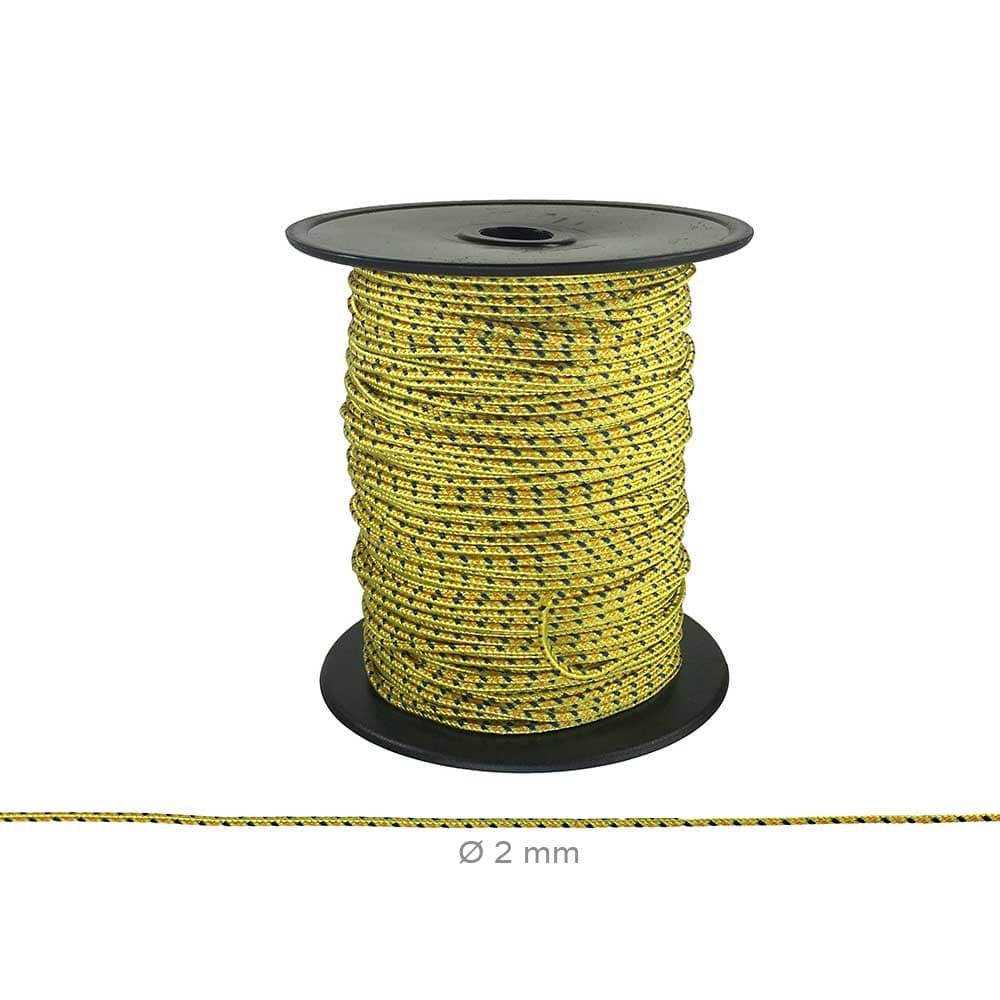 Multicord yellow-black rope with pattern on black spool, diameter 2 mm, product name visible on the spool