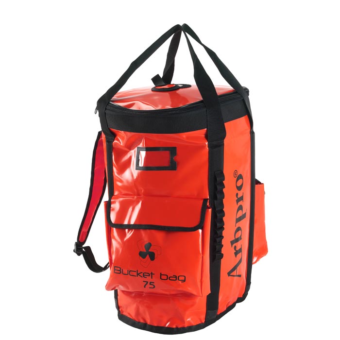 Bucket Backpack 75 by Arbpro in red with black edge, carrying handles, shoulder straps and front pocket with flap