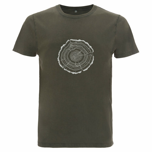 Treeslice T-shirt in olive green with white tree trunk cross-section motif on the chest