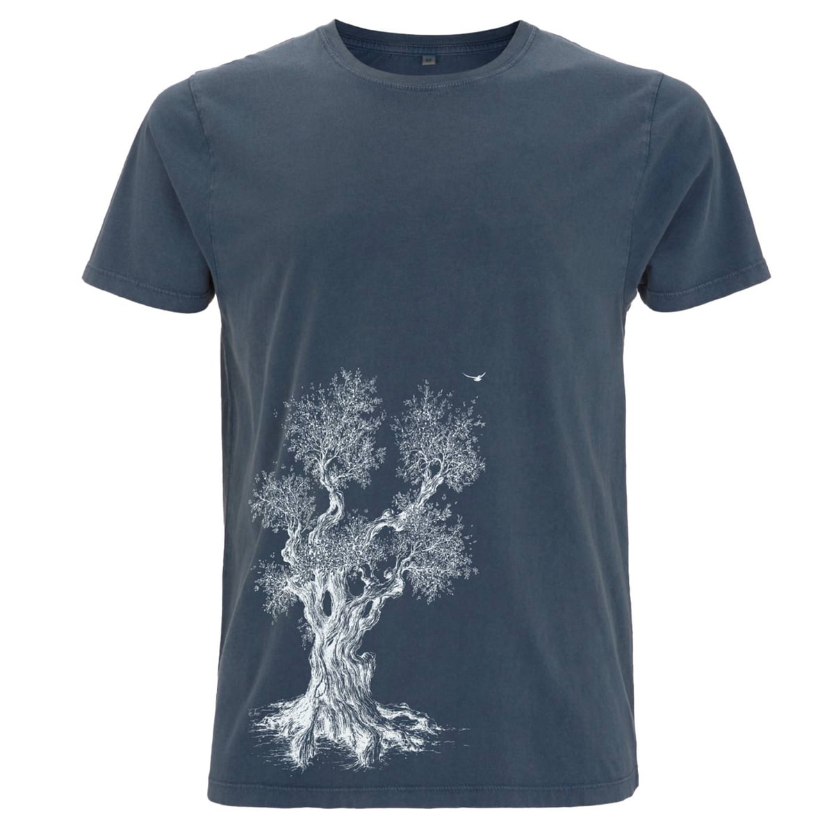 Olive Tree T-shirt, dark blue T-shirt with round neckline and white print of an olive tree on the front