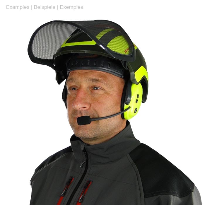 PROTOS® BT-COM communication system worn by a man wearing black and yellow protective clothing and helmet with integrated communication device and microphone on the head