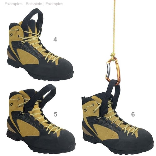 Black colored shoe loop made of robust fabric material, product name shoe loop, shown in four pictures with numbering 4 to 6, in each picture you can see a yellow and black mountaineering shoe with different positions of the loop, in one picture the loop 