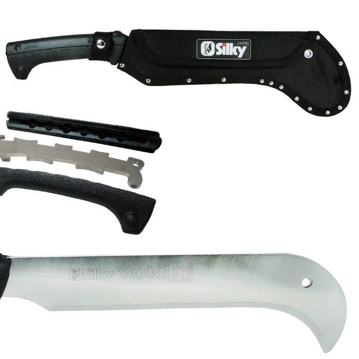 Yoki Machete 270 by Silky with partially disassembled black handle, silver blade with engraved Silky Yoki 270 lettering and black sheath with Silky logo