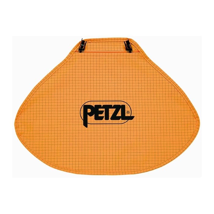 Petzl neck brace in orange with black check pattern and black Petzl logo in the middle