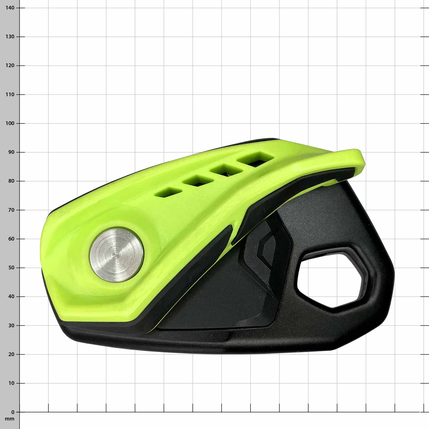 Edelrid Megawatt Belay Device in Black and Neon Green with Silver Button and Multiple Rectangular Holes on Top Side Against White Grid Background